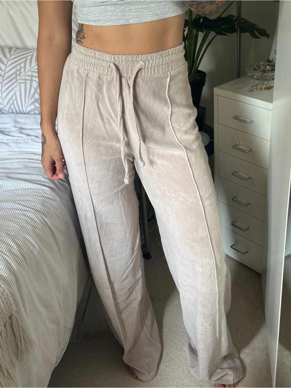 Wide Leg Drawstring Pants in Light Beige